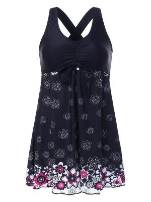 Plus Size Women Floral Printing Swimsuits Black Criss-Cross One Pieces Beachwear
