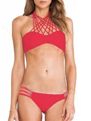 Spaghetti Straps Strings High-Neck Hollow Out Low Waist Bikini Sets Swimwear