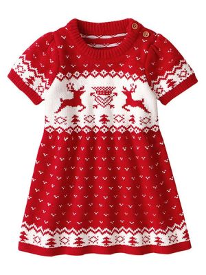 Kids Christmas Elk Print Short Sleeve Knit Sweaters Dress