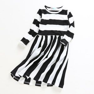 Kid Girls Casual Long Sleeve Striped Dress with Pocket