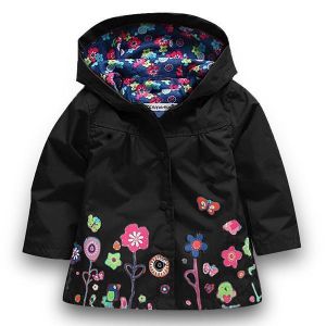 Kid Girls Floral Printed Full Sleeve Hooded Waterproof Trench Coat