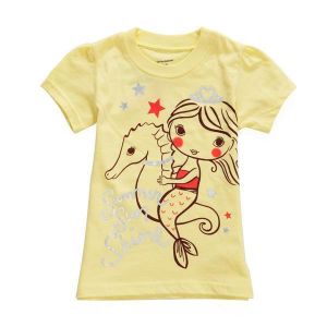 2015 New Little Maven Summer Baby Girl Child Sea Horse Yellow Cotton Short Sleeve T-shirt