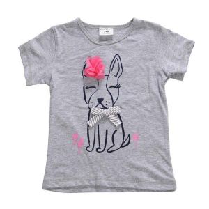 2015 New Little Maven Summer Baby Girl Children Dog Grey Cotton Short Sleeve T-shirt