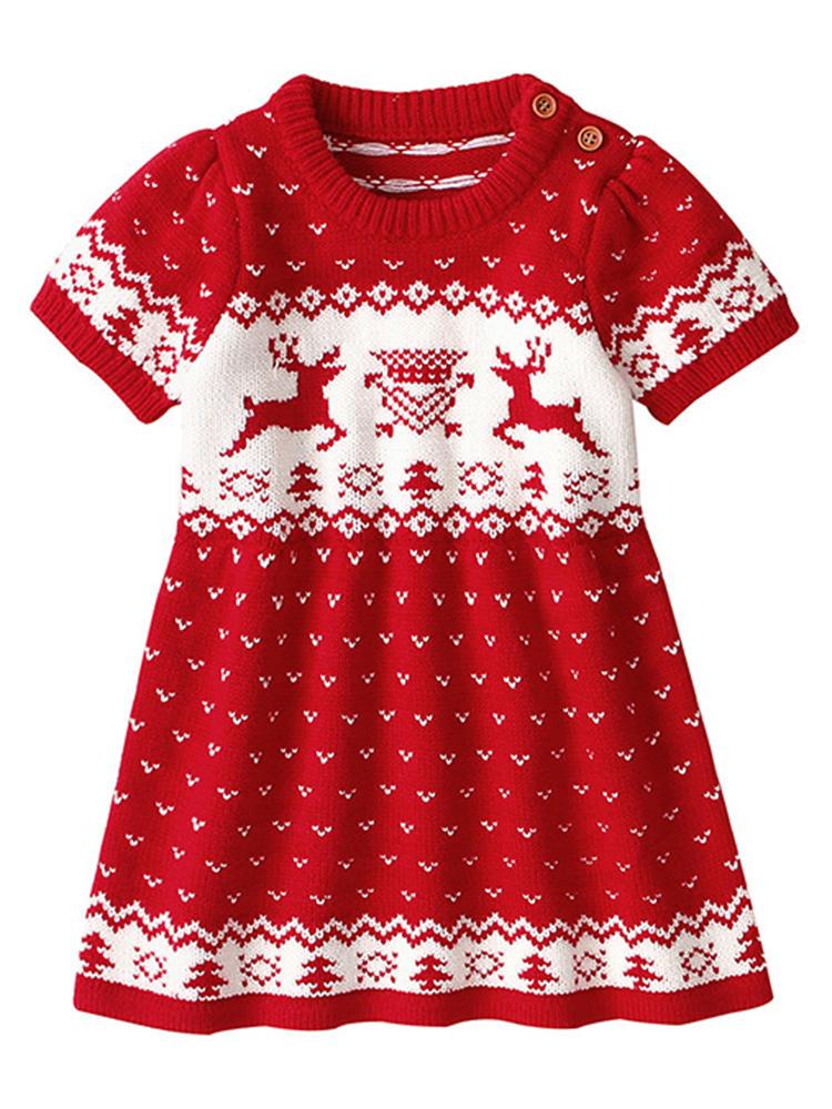 Luke classic online בגדי ילדים Kids Christmas Elk Print Short Sleeve Knit Sweaters Dress