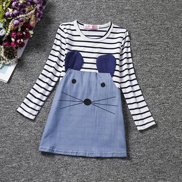 Luke classic online בגדי ילדים Cute Kid Girls Striped Cartoon Little Mouse Patchwork Dress